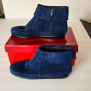 AEROSOLES Blue Ankle Booties with Fringe Detail